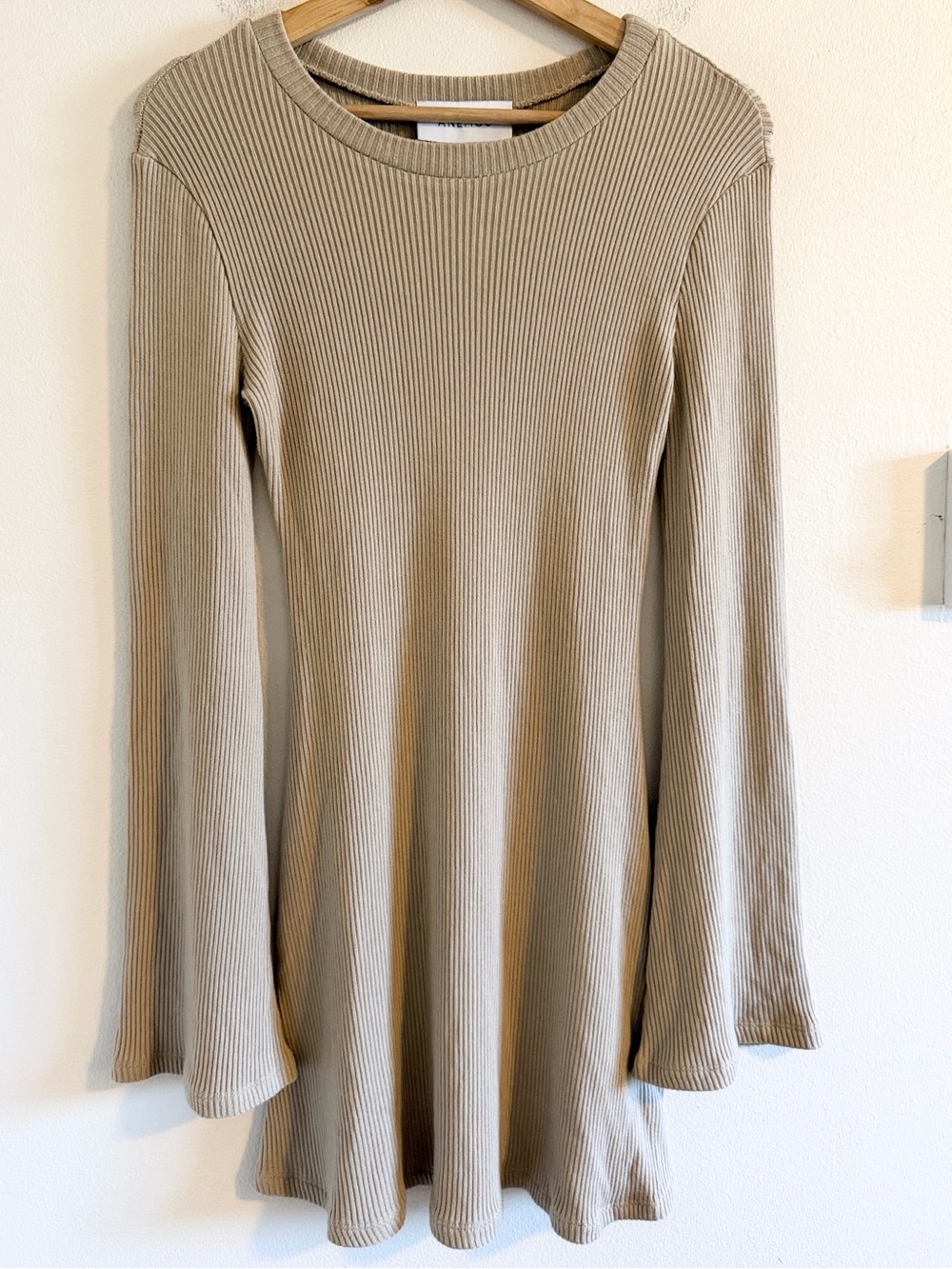 ANEMOS Bell Sleeve Mini Dress Rib Knit Women's XS 60s Mod Minimalist Taupe